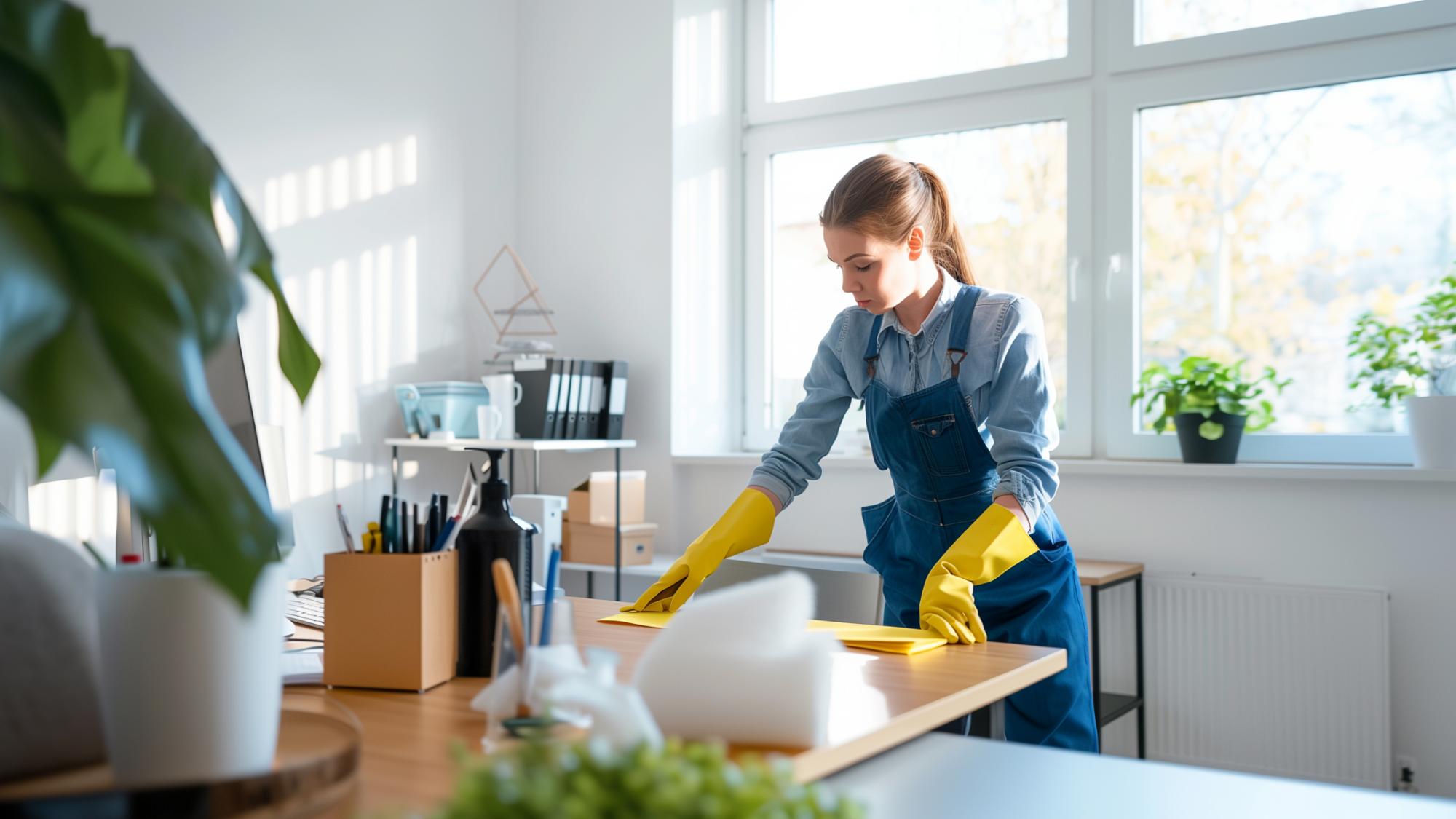 A woman wearing yellow rubber gloves is cleaning a desk in a bright, modern workspace with large windows and potted plants. She is focused on organizing or wiping down the surface.